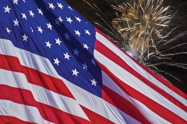 fireworks and flag